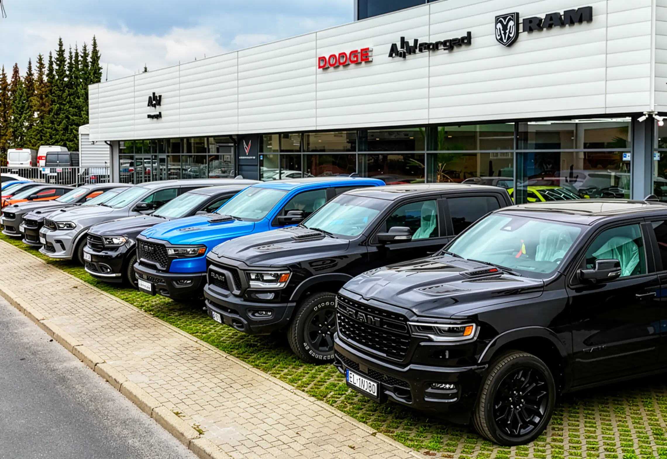 Samochody marek Dodge i Ram zaparkowane przed salonem.